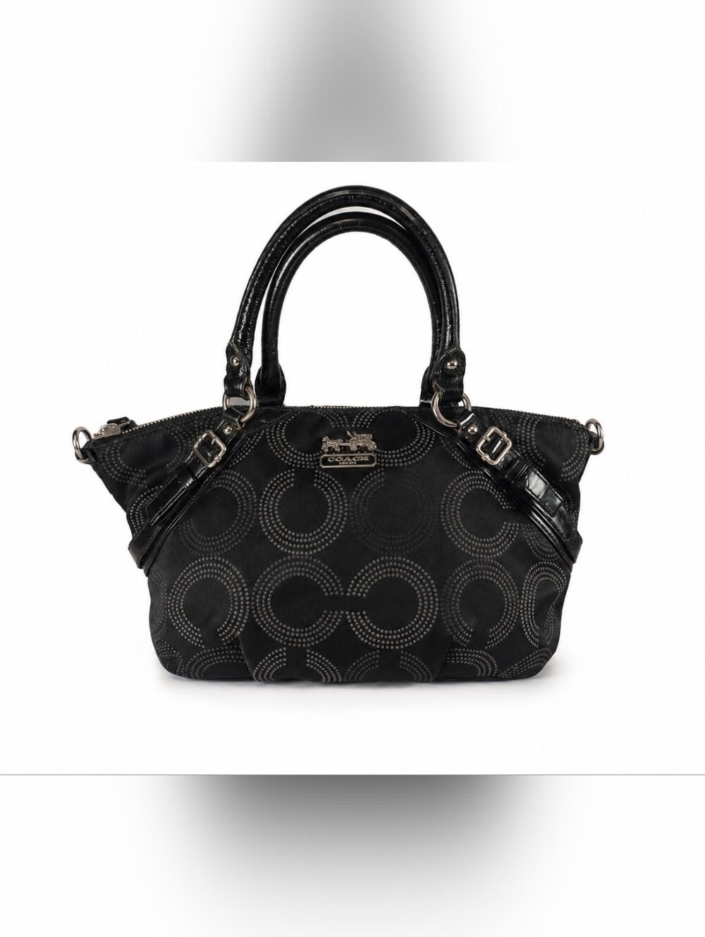Coach Black Signature Jacquard Satchel Shoulder Bag Silver Hardware EUC
